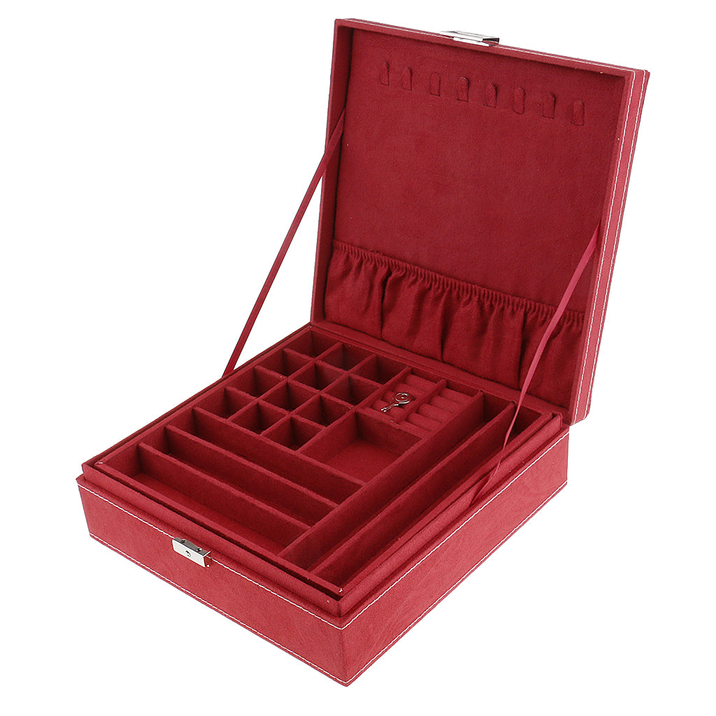 Two-Layer Velvet Jewelry Box Case Holder Storage Organizer with Lock Red