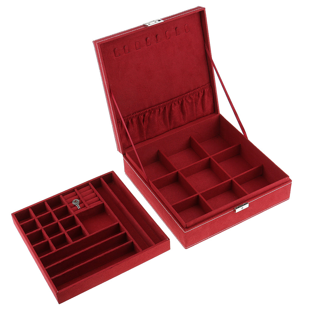 Two-Layer Velvet Jewelry Box Case Holder Storage Organizer with Lock Red