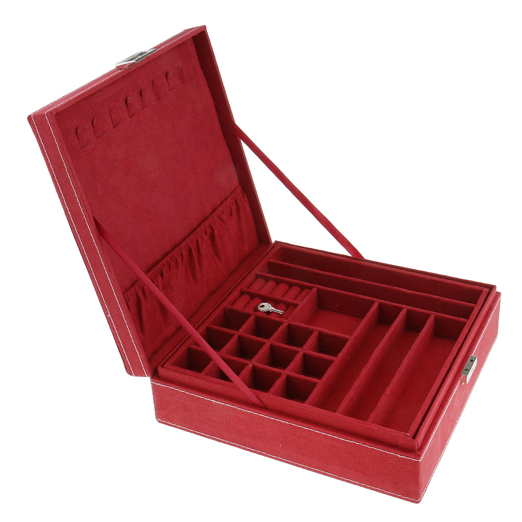 Two-Layer Velvet Jewelry Box Case Holder Storage Organizer with Lock Red