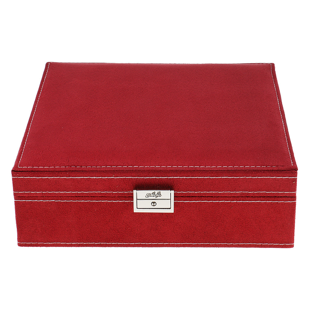 Two-Layer Velvet Jewelry Box Case Holder Storage Organizer with Lock Red