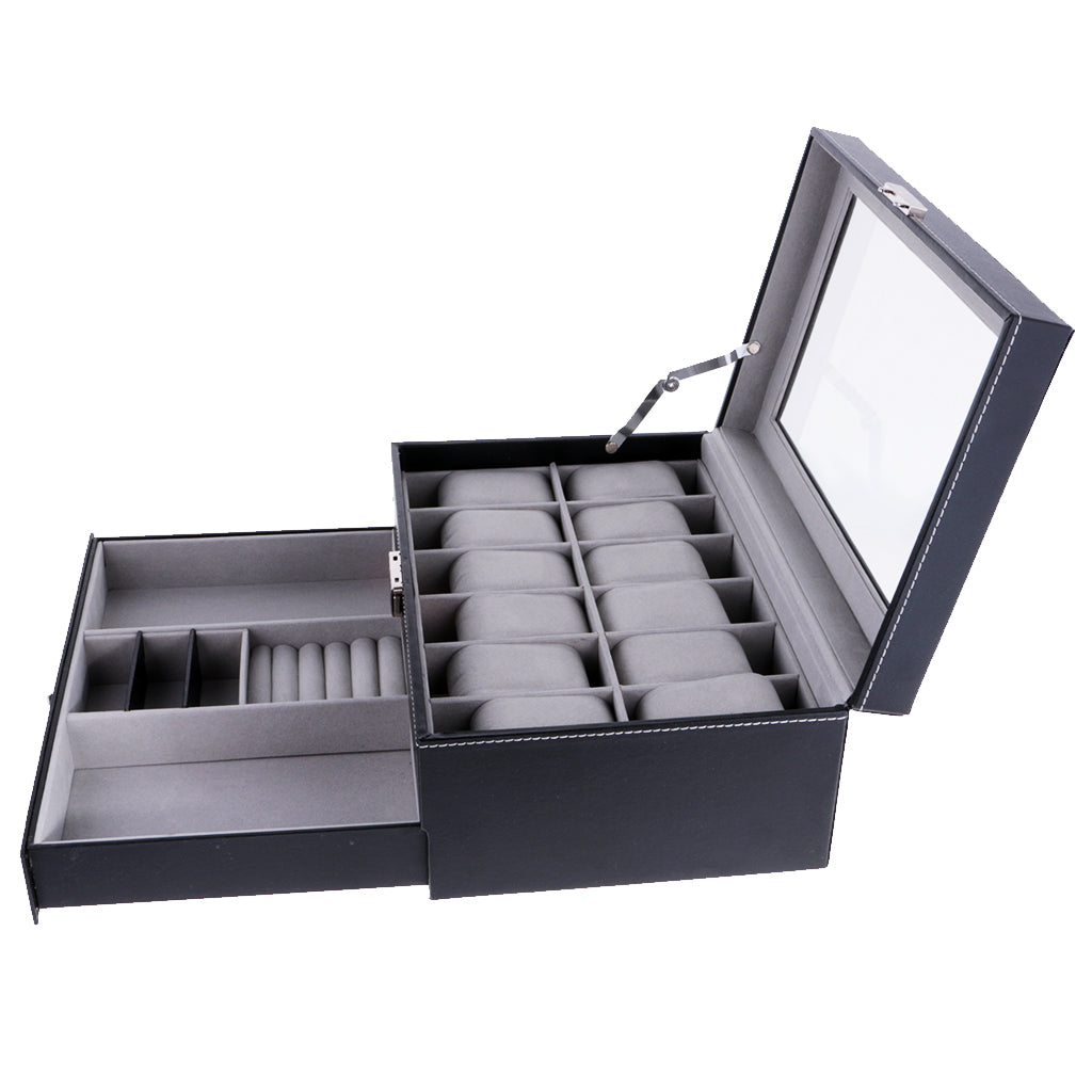 12 Slots Watch Bracelet Box Leather Display Top Glass Jewelry Storage  Black