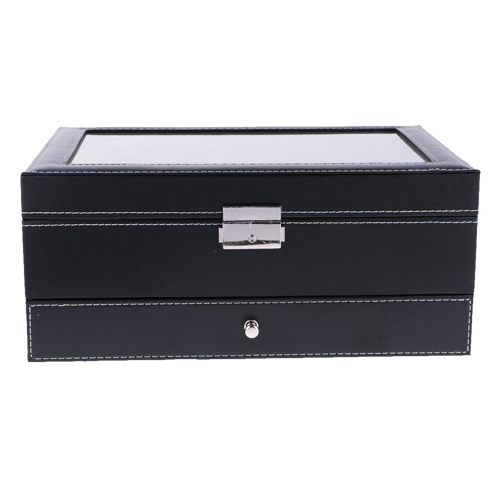 12 Slots Watch Bracelet Box Leather Display Top Glass Jewelry Storage  Black