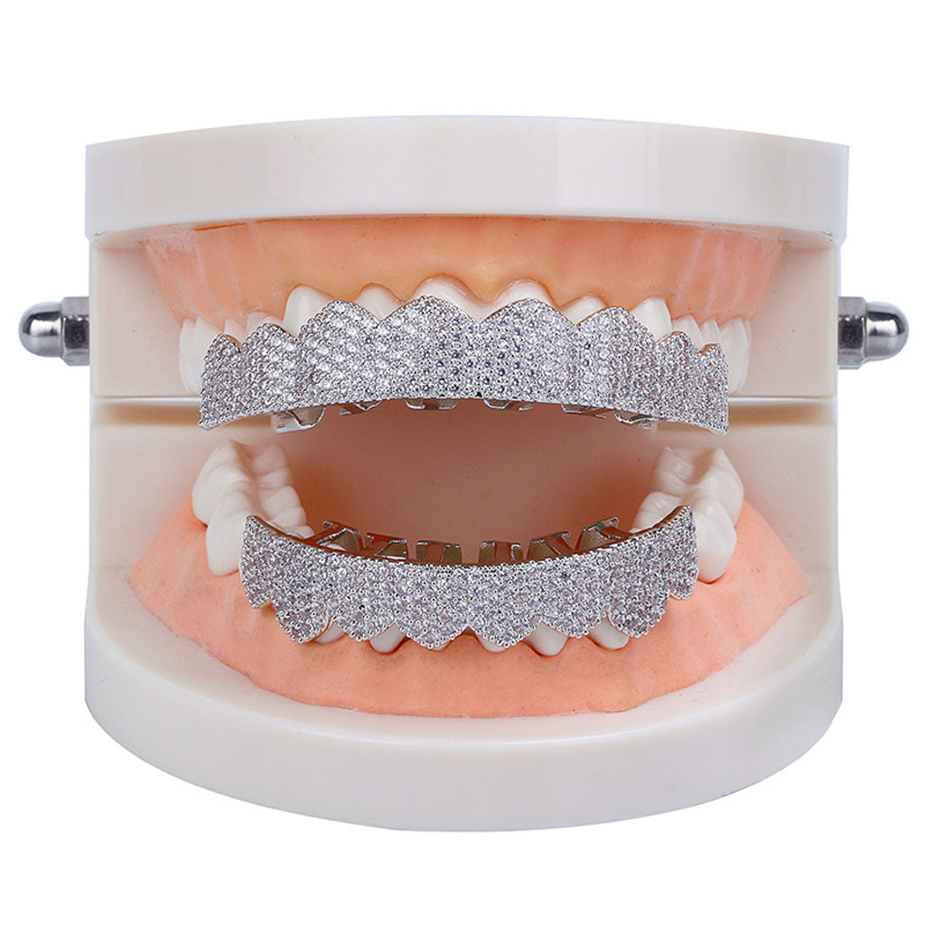 Crystal AAA Zircon 8 Top Teeth and 8 Bottom Tooth Hip Hop Mouth Grill Silver