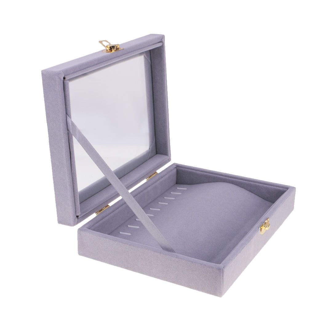 Glass Top Jewelry Showcase 10 Hooks Necklace Tray Display Organizer Gray