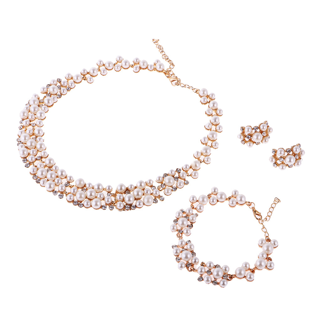 Pearl Crystal Necklace Earrings Bracelet Bridal Wedding Jewelry Set Gold