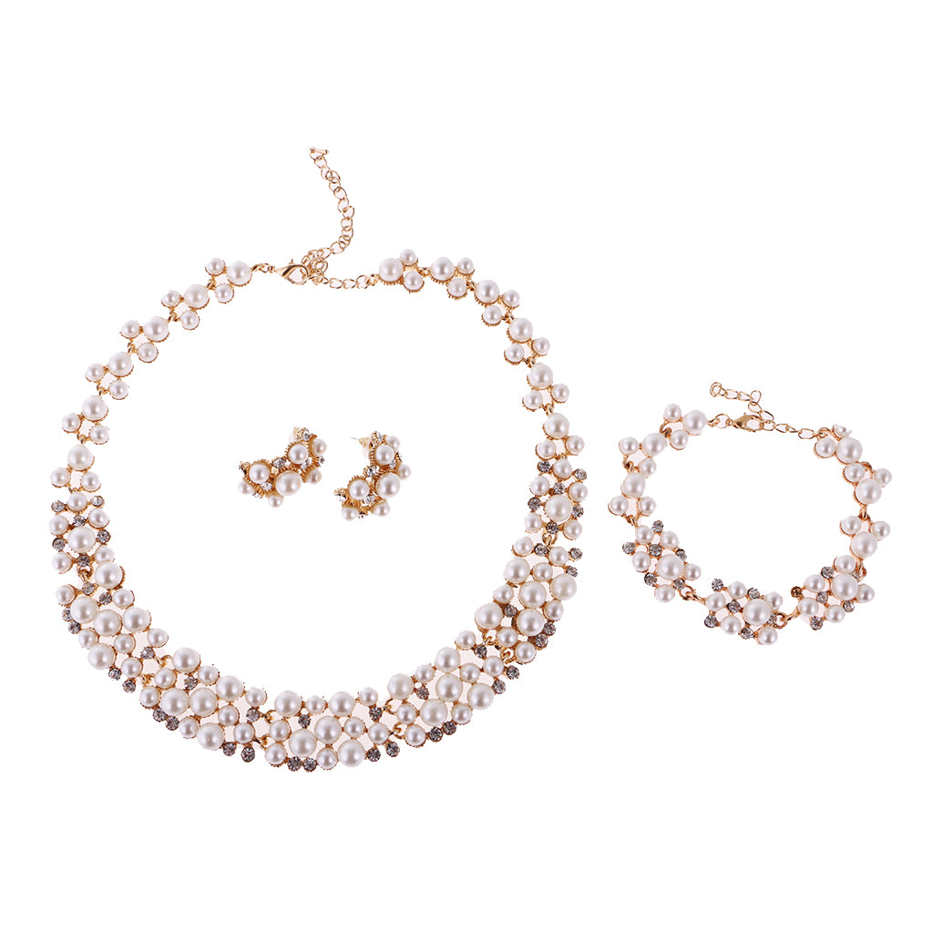 Pearl Crystal Necklace Earrings Bracelet Bridal Wedding Jewelry Set Gold