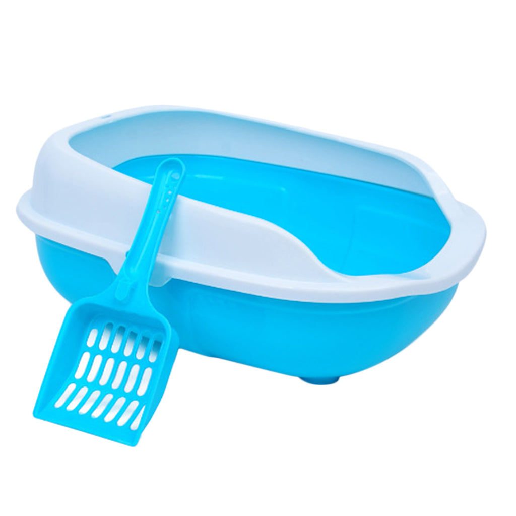 Colorful Cat Litter Box Tray Anti Splash Toilet Fenced Pan with Shovel Blue