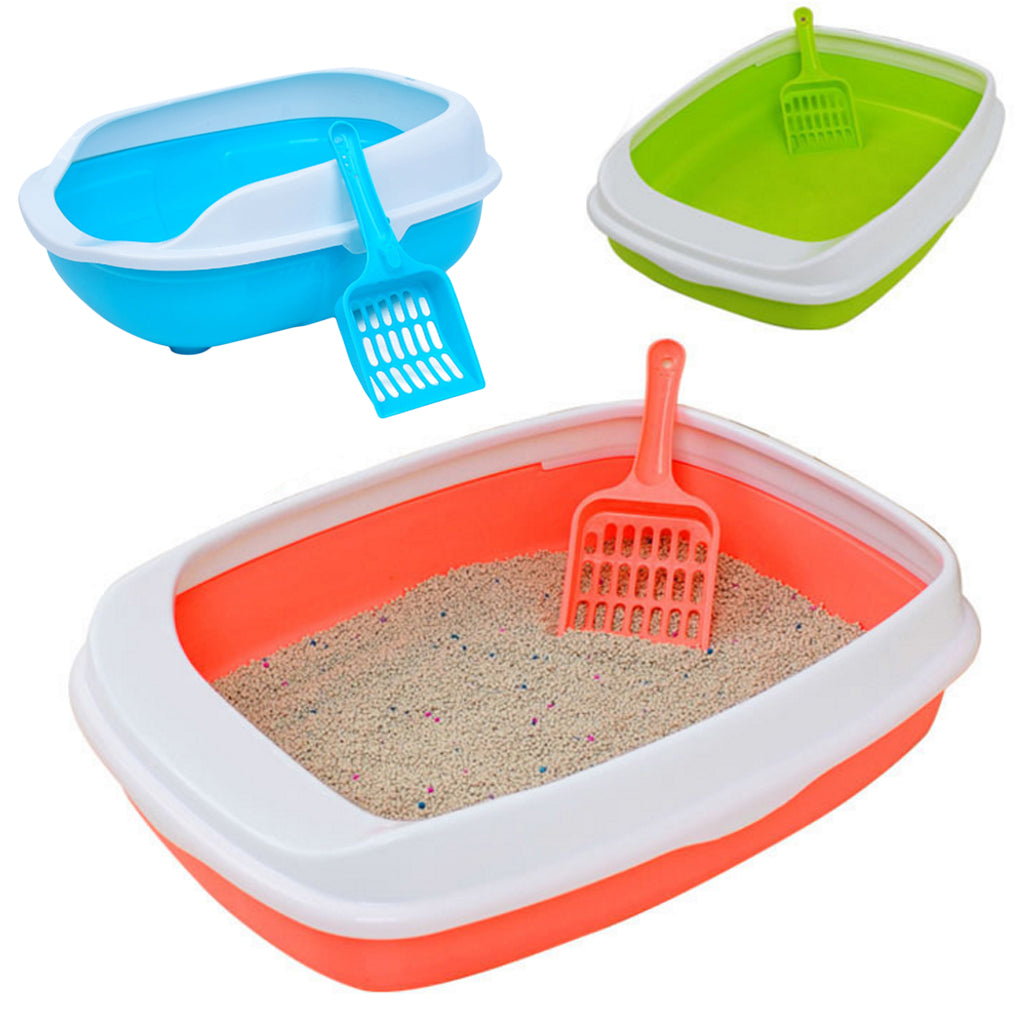 Colorful Cat Litter Box Tray Anti Splash Toilet Fenced Pan with Shovel Blue