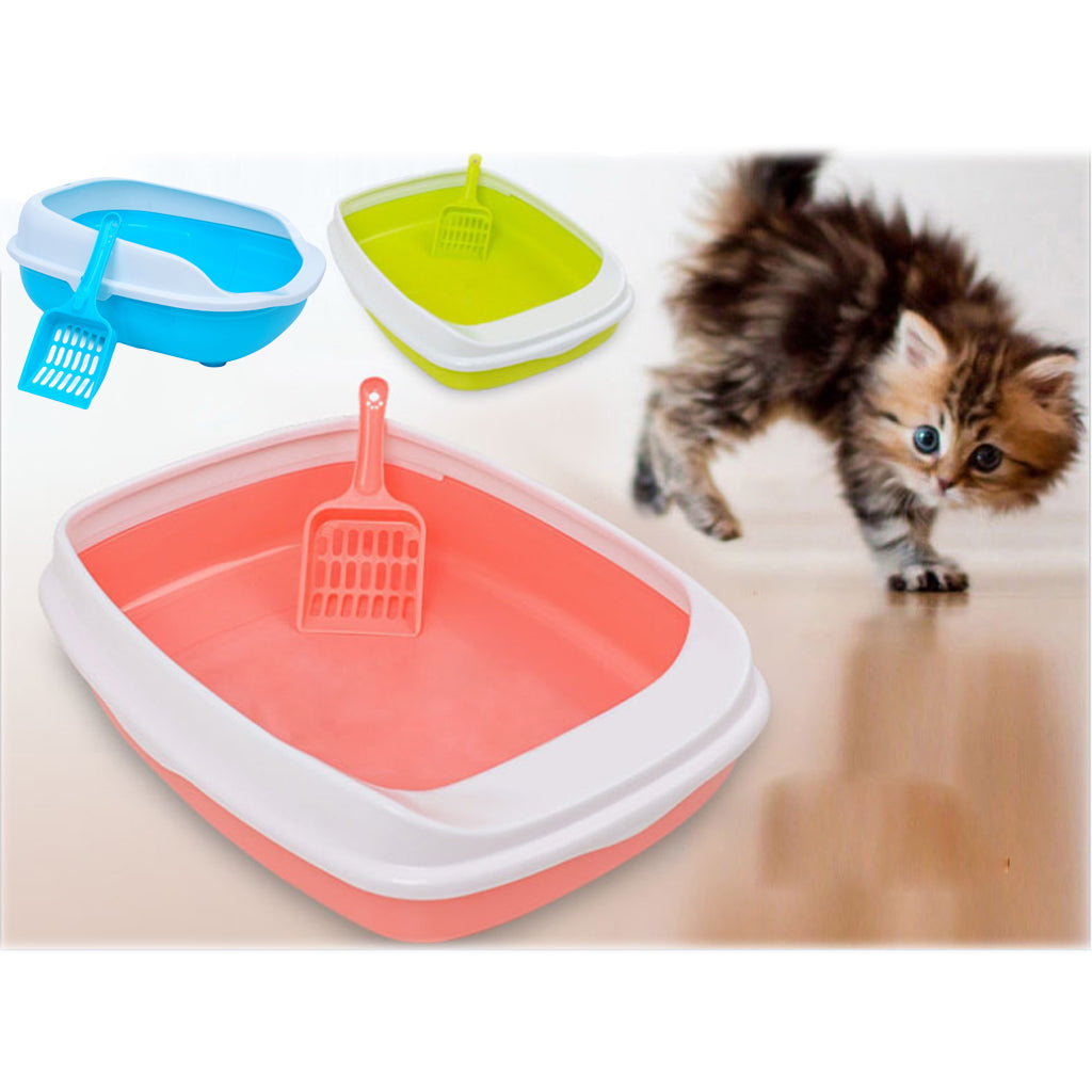 Colorful Cat Litter Box Tray Anti Splash Toilet Fenced Pan with Shovel Blue