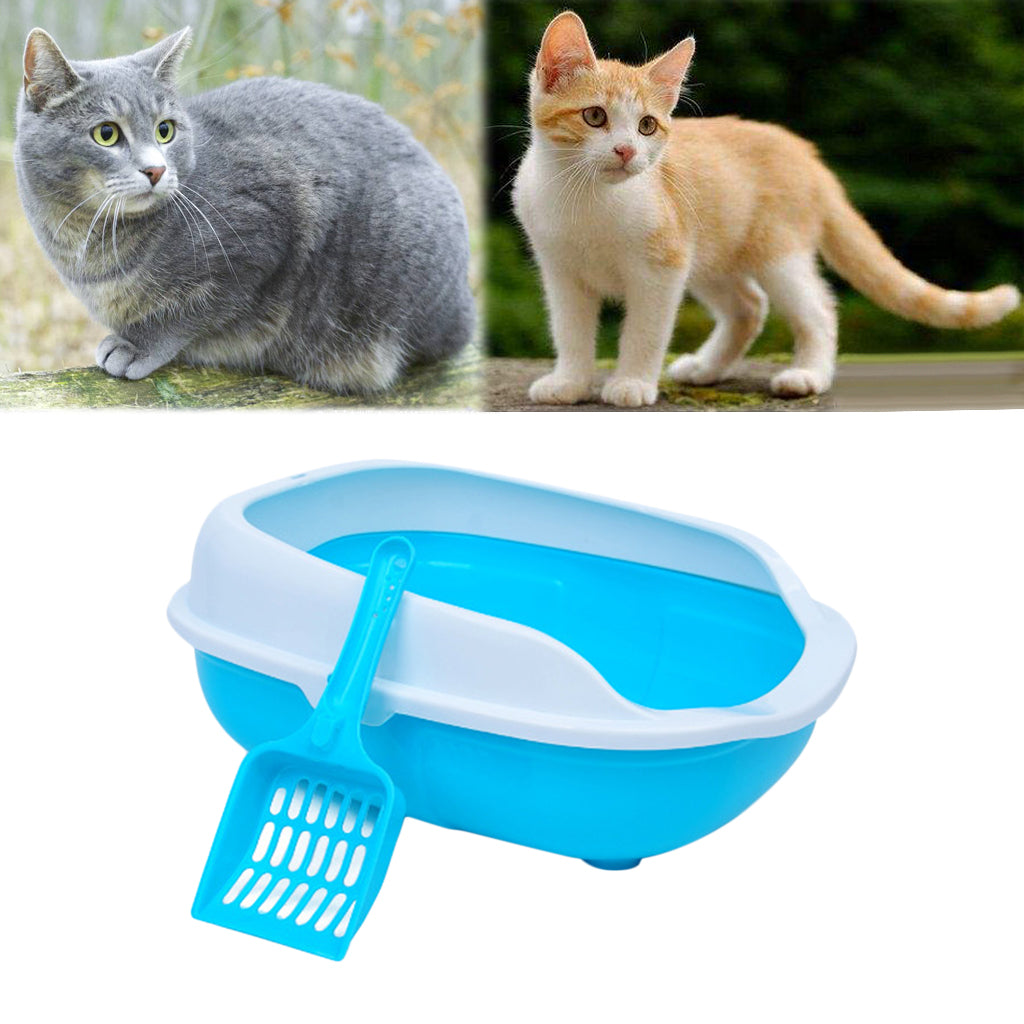 Colorful Cat Litter Box Tray Anti Splash Toilet Fenced Pan with Shovel Blue