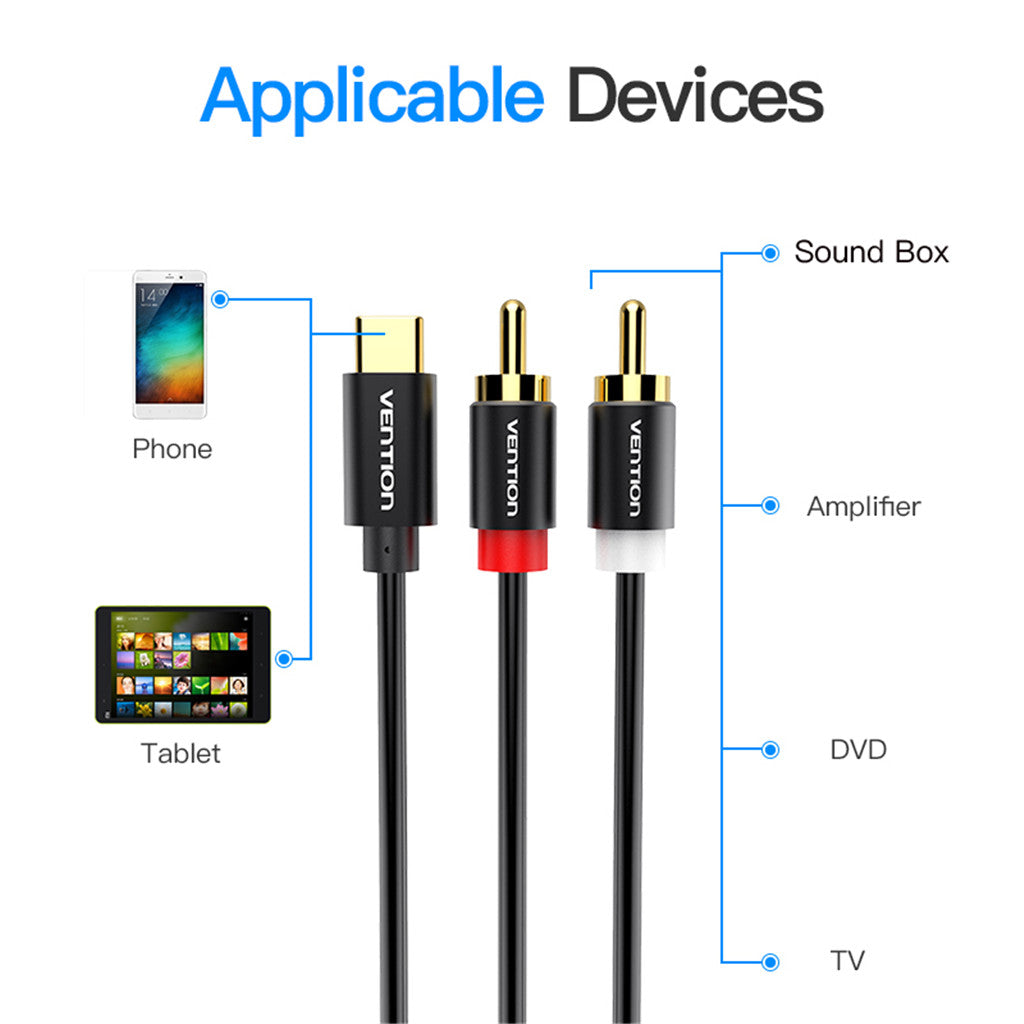 USB Type-C to Dual RCA Audio Cable Male to Male Aux Stereo Adapter 50CM