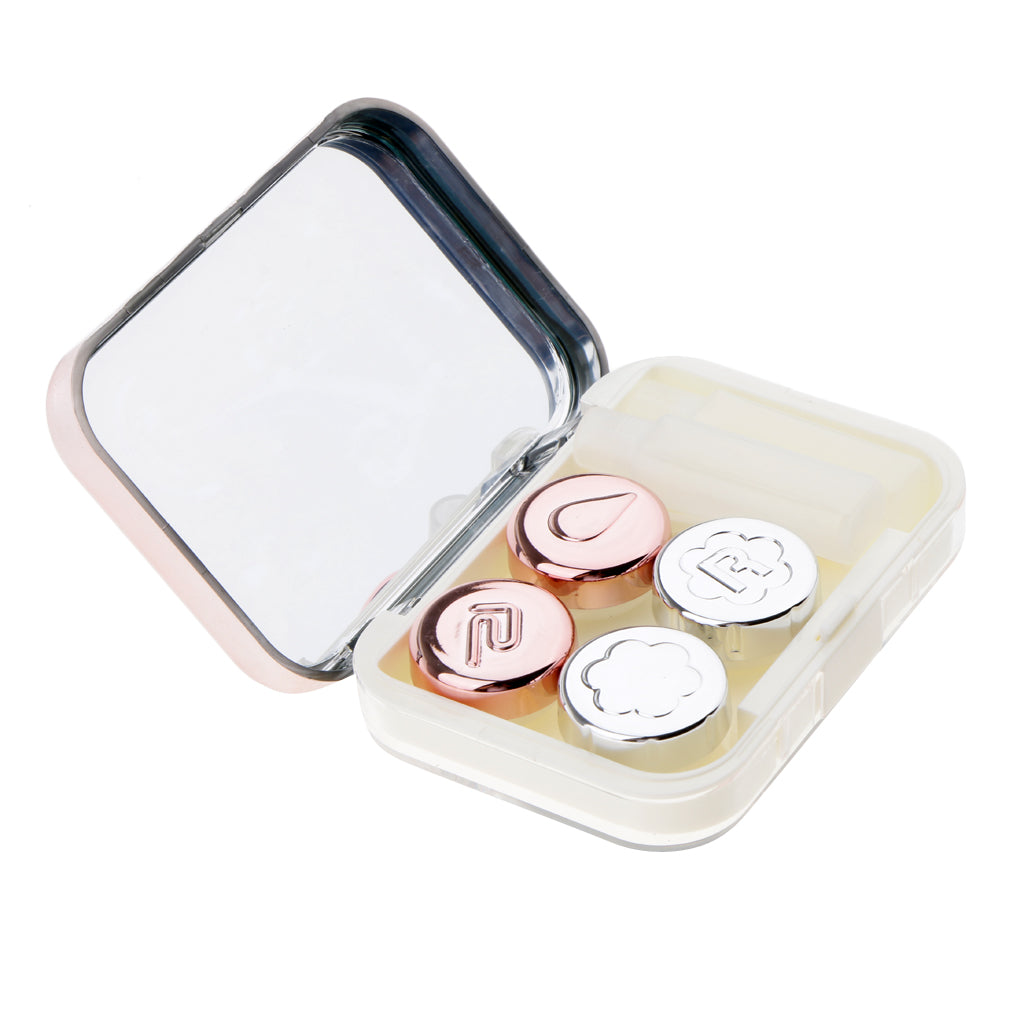 Contacts Lens Case Kit Mirror with Bottle tweezers Container Holder Pink