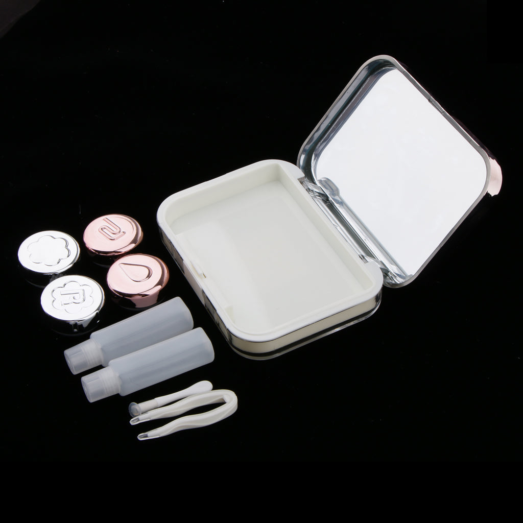 Contacts Lens Case Kit Mirror with Bottle tweezers Container Holder Pink