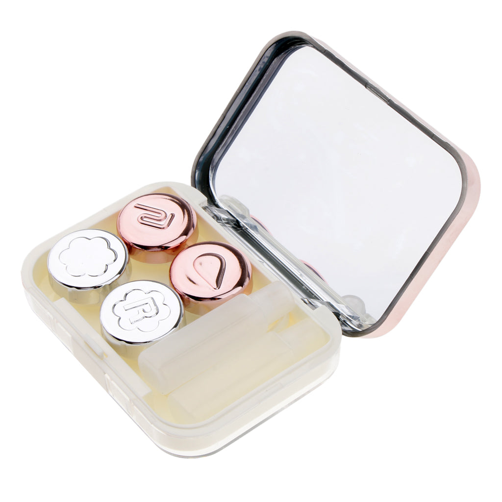 Contacts Lens Case Kit Mirror with Bottle tweezers Container Holder Pink