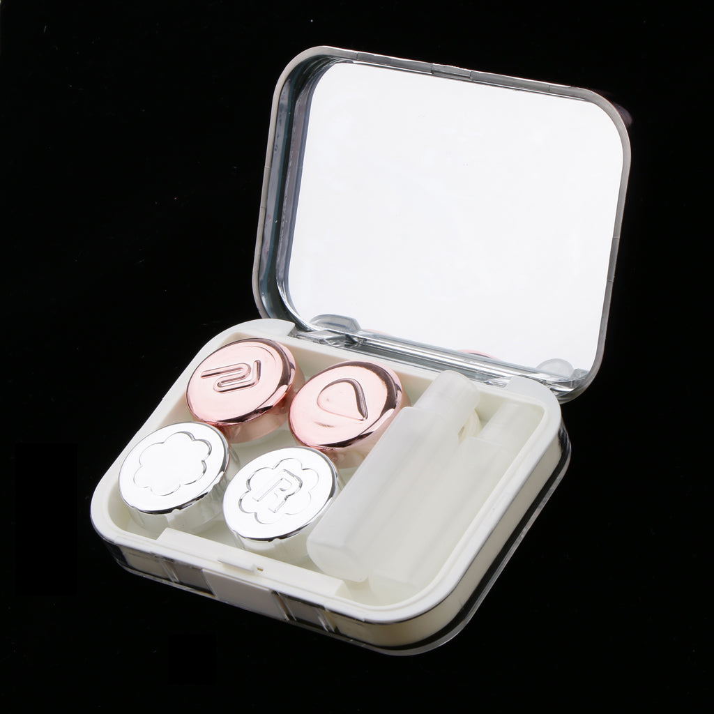 Contacts Lens Case Kit Mirror with Bottle tweezers Container Holder Pink