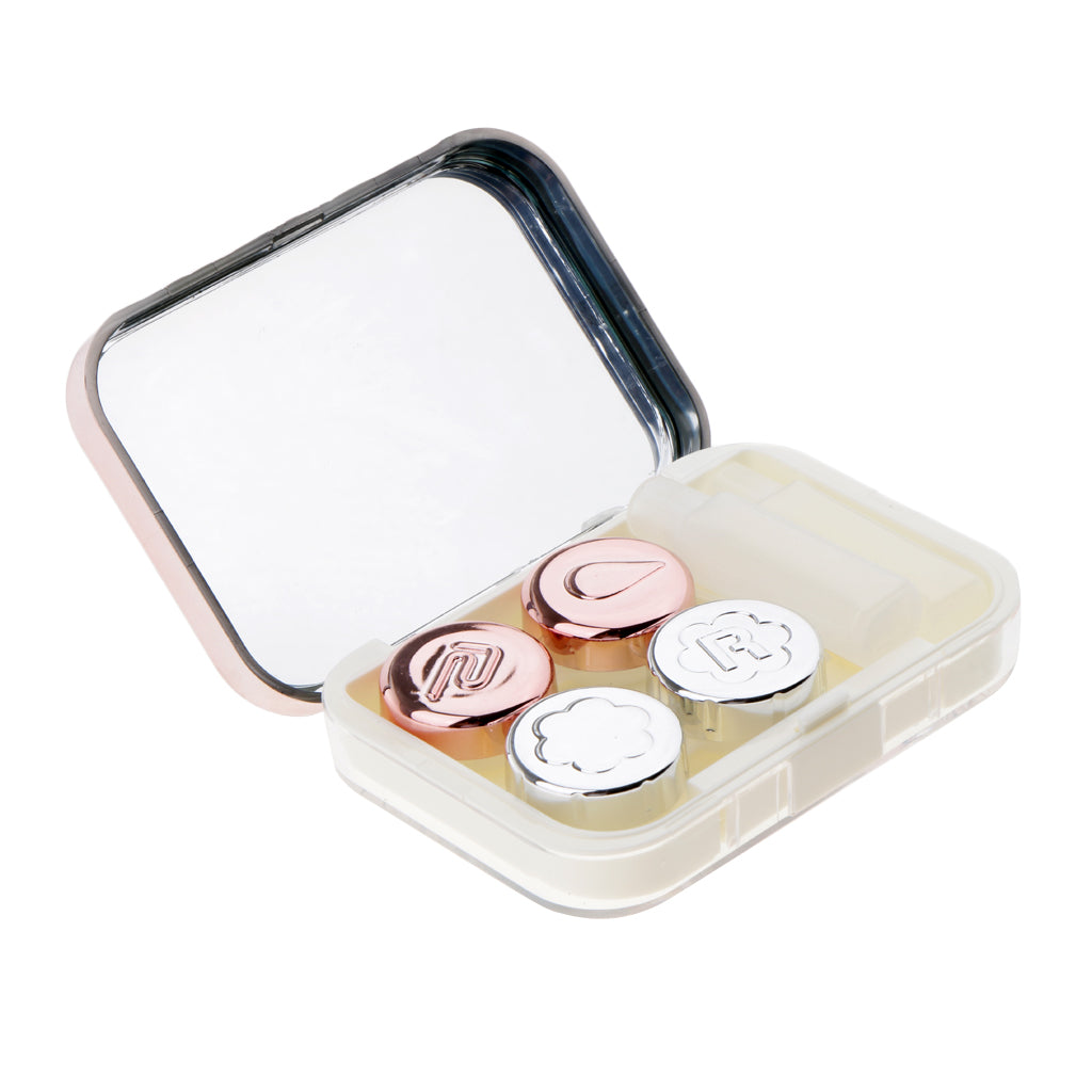 Contacts Lens Case Kit Mirror with Bottle tweezers Container Holder Pink