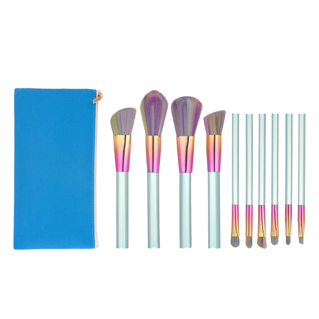 10Pieces Kabuki Makeup Brushes Set Powder Foundation Blush Comestic+Bag Blue