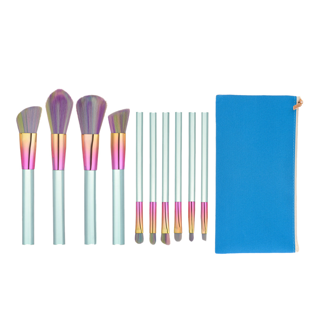 10Pieces Kabuki Makeup Brushes Set Powder Foundation Blush Comestic+Bag Blue