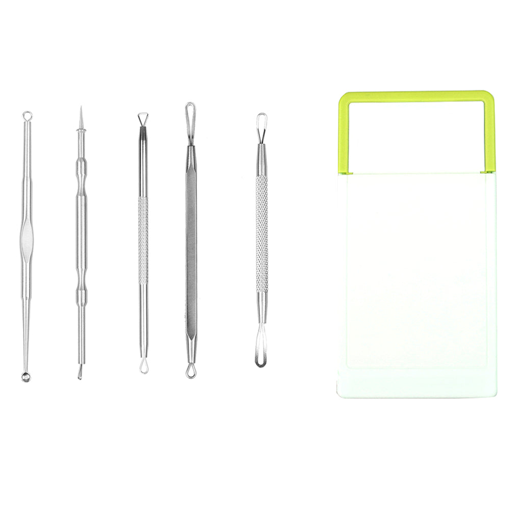 5Pieces Steel Blackhead Pimple Blemish Extractor Remover Tool Set Kit Green