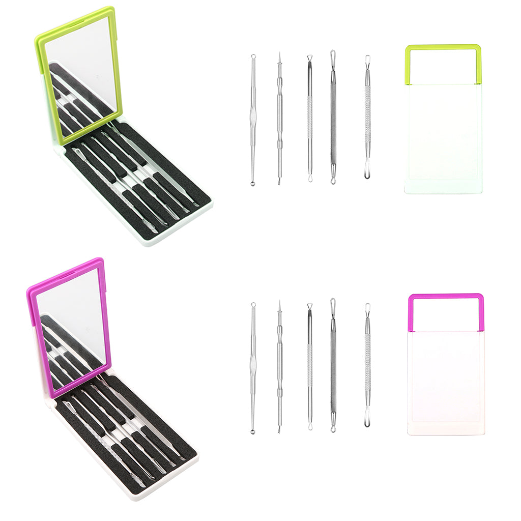 5Pieces Steel Blackhead Pimple Blemish Extractor Remover Tool Set Kit Green