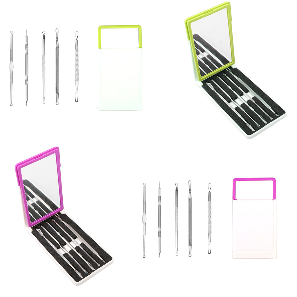 5Pieces Steel Blackhead Pimple Blemish Extractor Remover Tool Set Kit Green