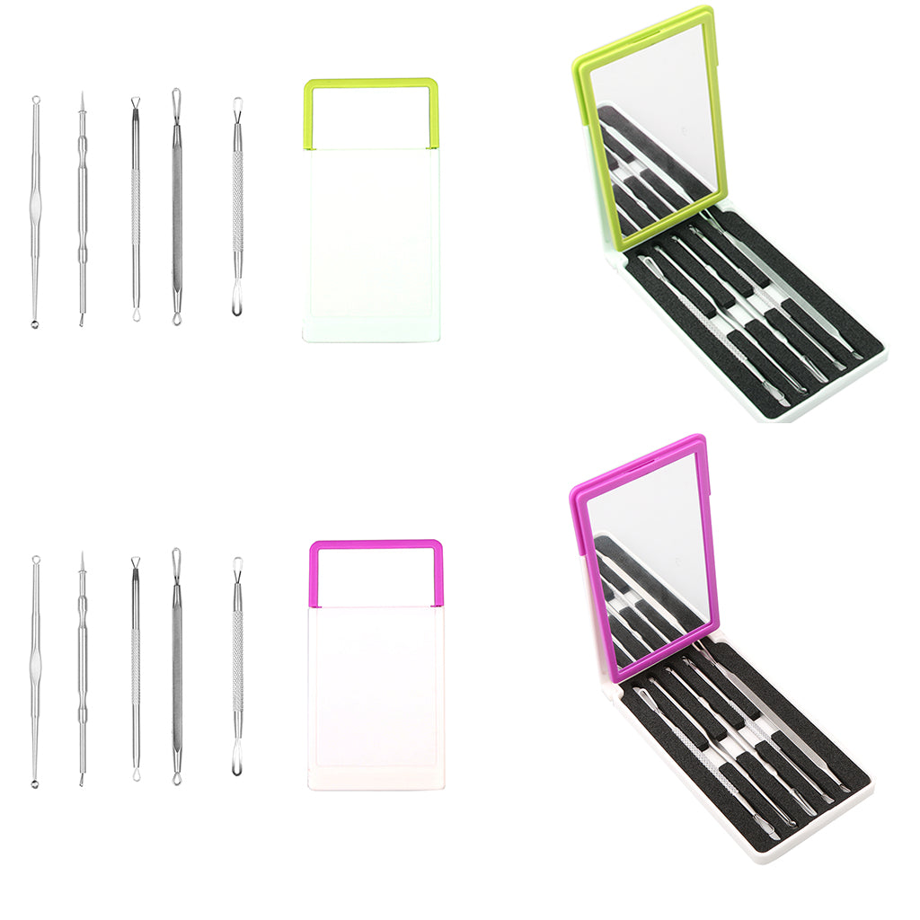 5Pieces Steel Blackhead Pimple Blemish Extractor Remover Tool Set Kit Green