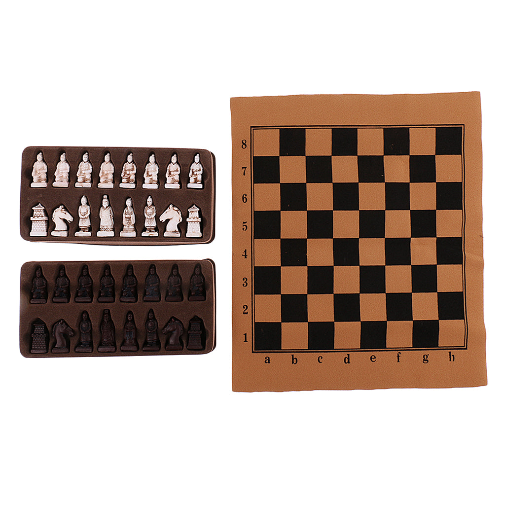 Vintage Chess Folding Chess Board Chinese Terracotta Army Chess Pieces S