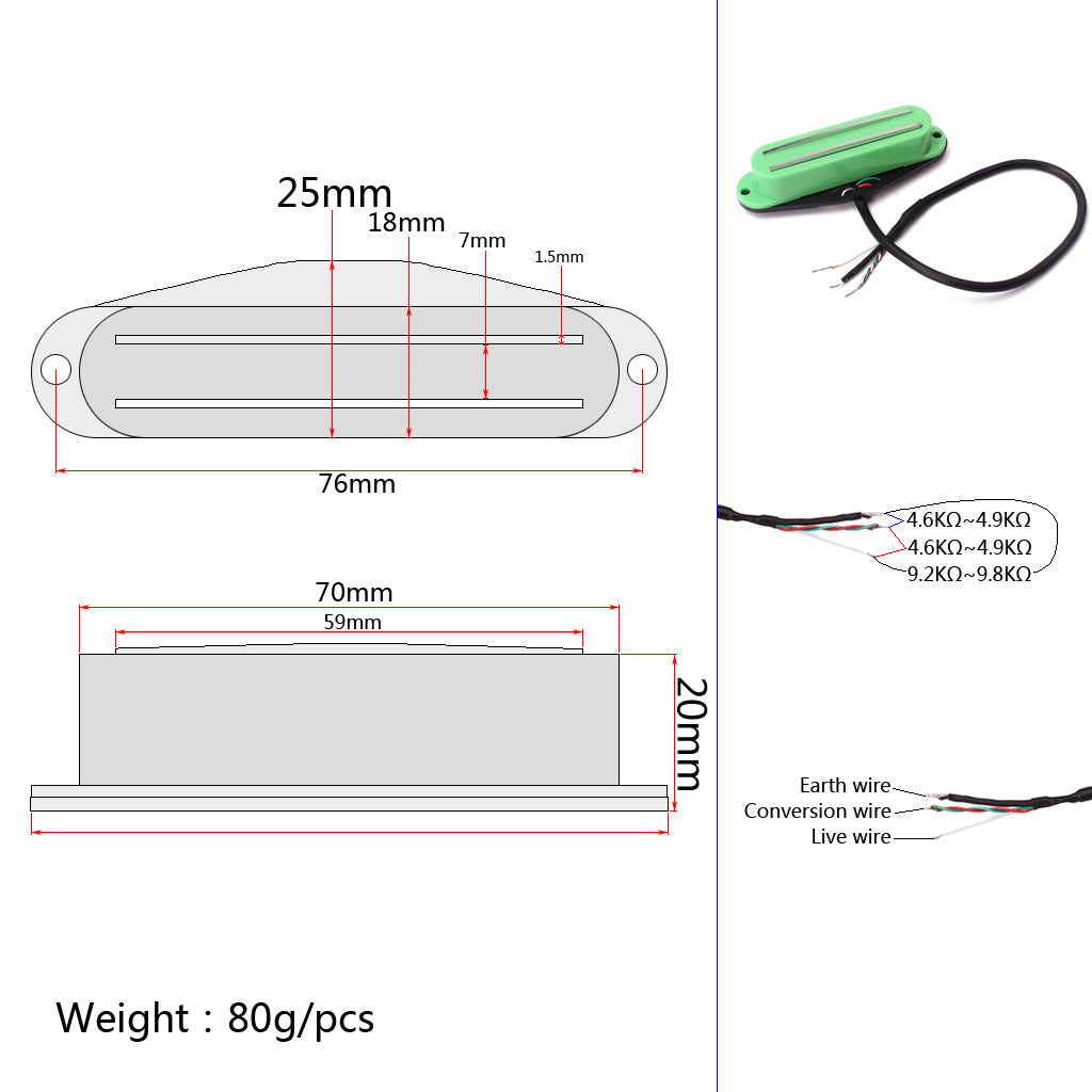 Dual Rails Single Coil Pickup for ST SG LP Electric Guitars Green