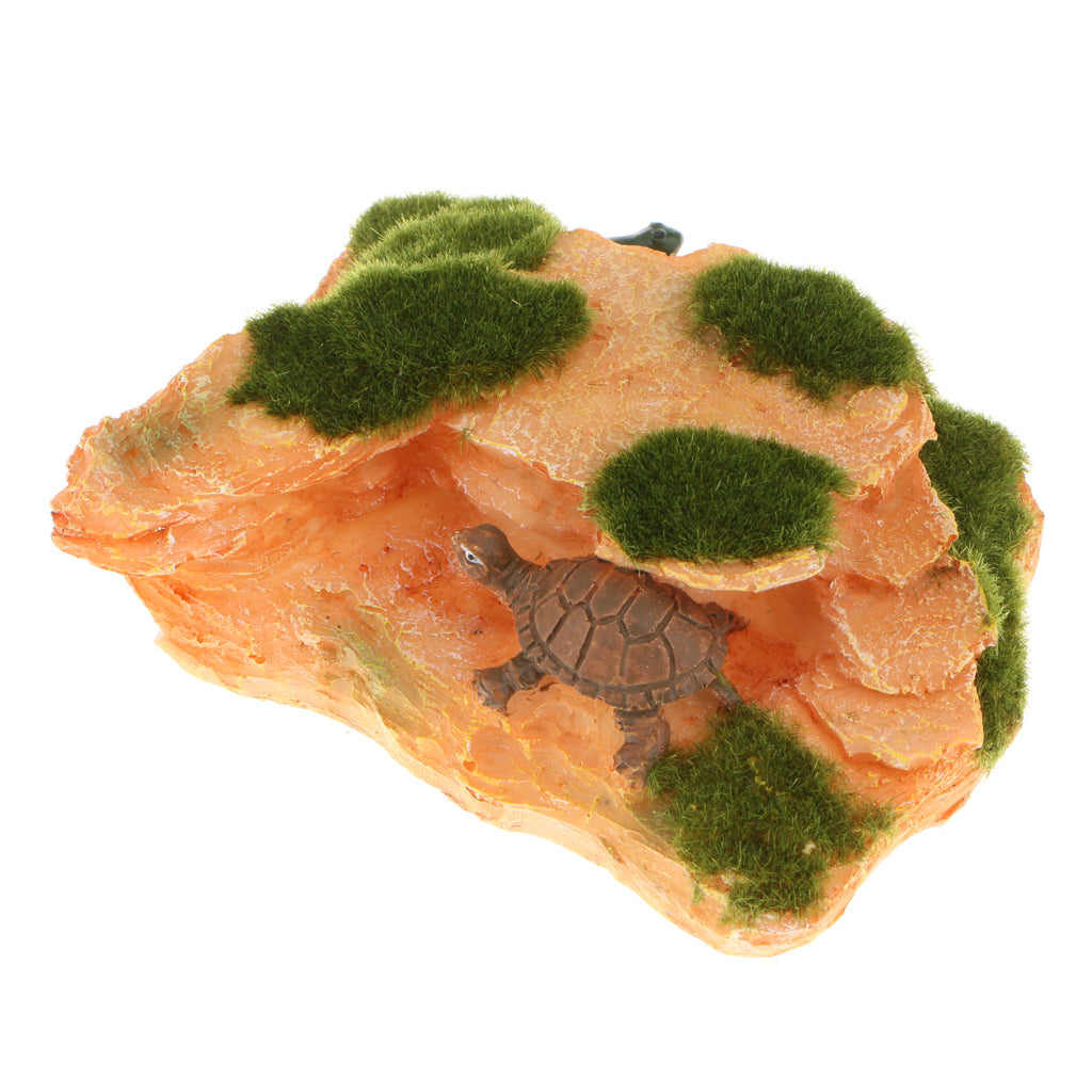 Resin Moss Rock Ornament with Moss and Cute Turtle for Aquarium Fish Tank Home Garden Bonsai Decoration