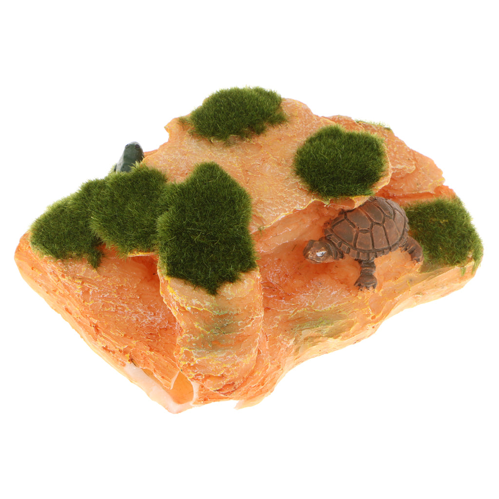 Resin Moss Rock Ornament with Moss and Cute Turtle for Aquarium Fish Tank Home Garden Bonsai Decoration