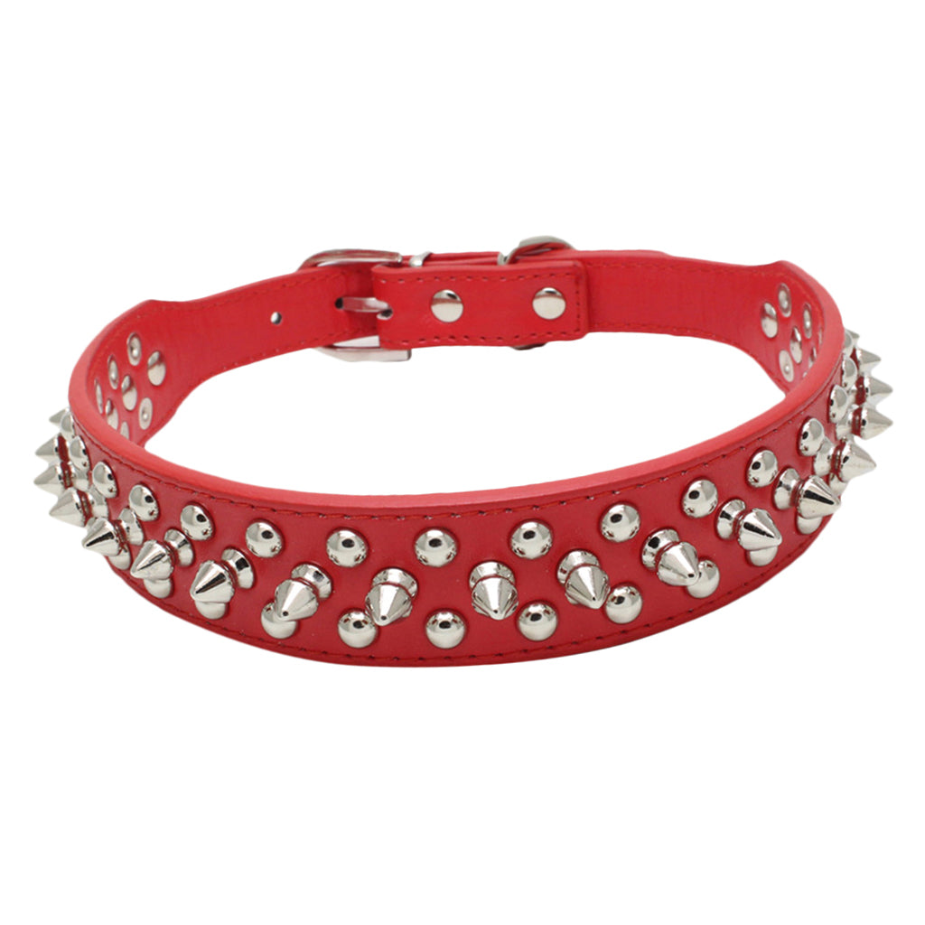 Adjustable PU Leather Rivet Pet Collar Puppy Dog Collar Neck Strap Red_XXL