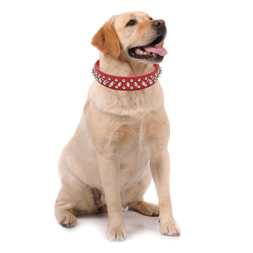 Adjustable PU Leather Rivet Pet Collar Puppy Dog Collar Neck Strap Red_XXL