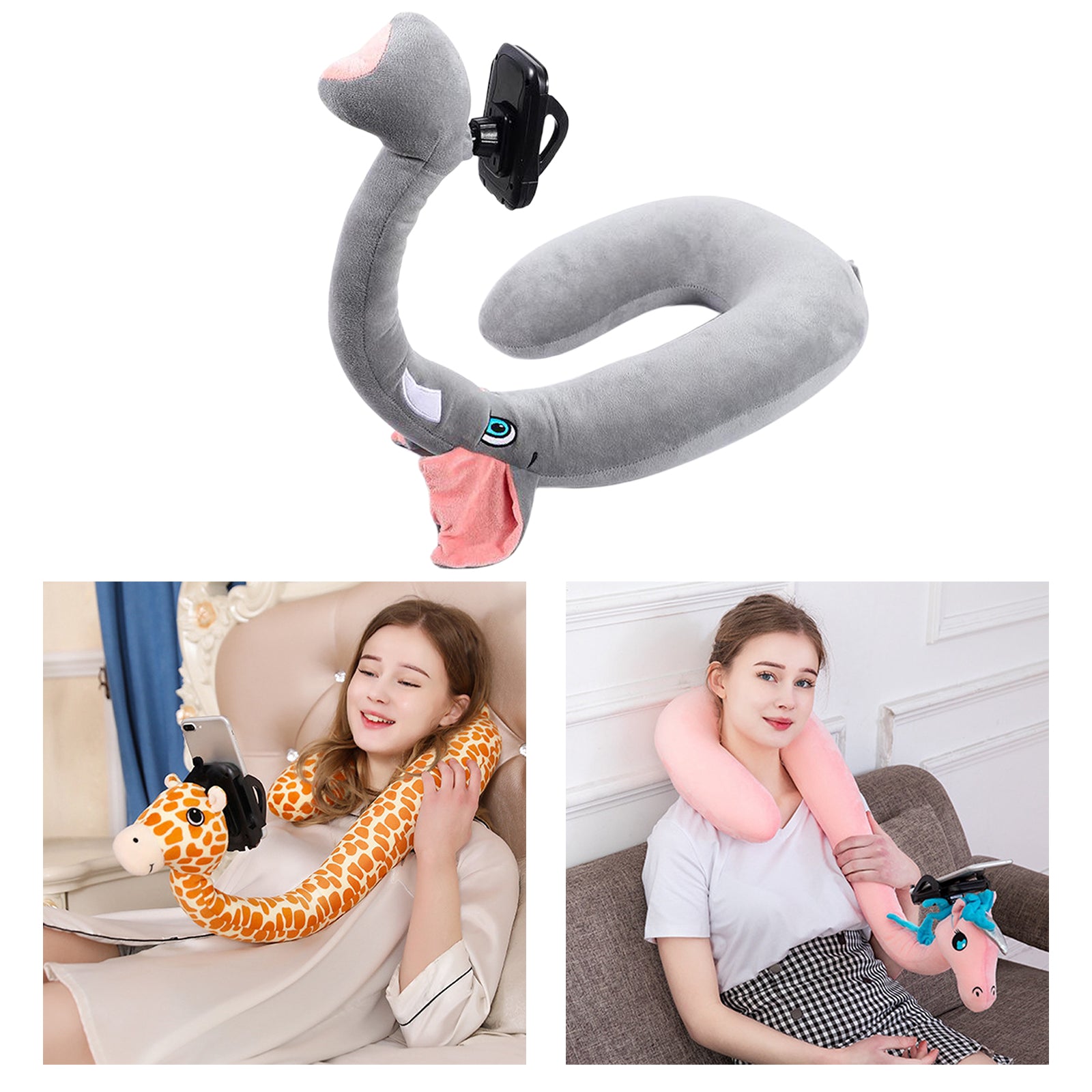 Flexible U Shaped Neck Pillow Mobile Phone Holder Bracket Support Elephant