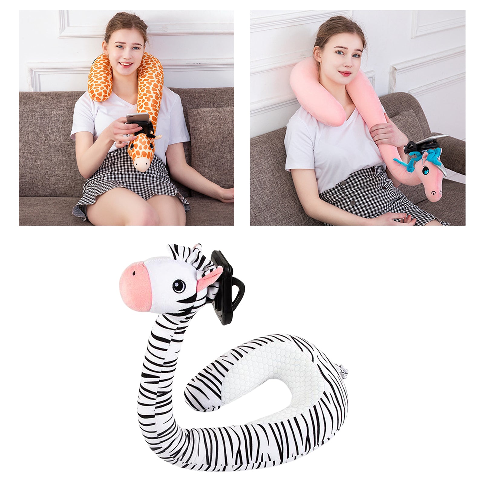 Flexible U Shaped Neck Pillow Mobile Phone Holder Bracket Support Zebra