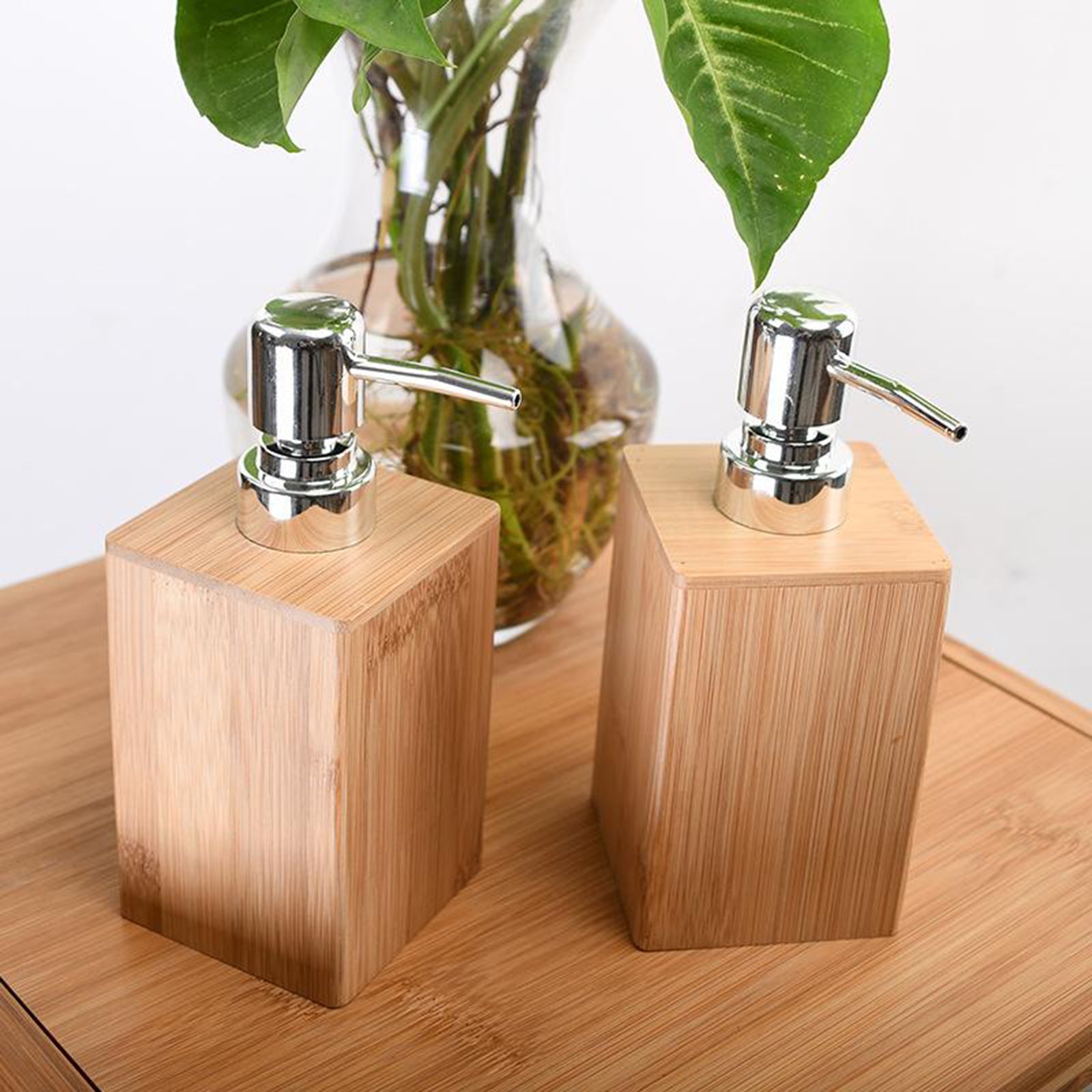 220ML Square Bamboo Wooden Lotion Pump Bottle Dispenser Vials Jar