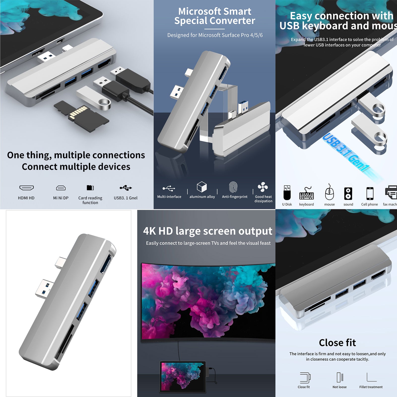 USB HUB 3.0 Docking Station Splitter for Surface Pro 4 5 6 Hot Swappin