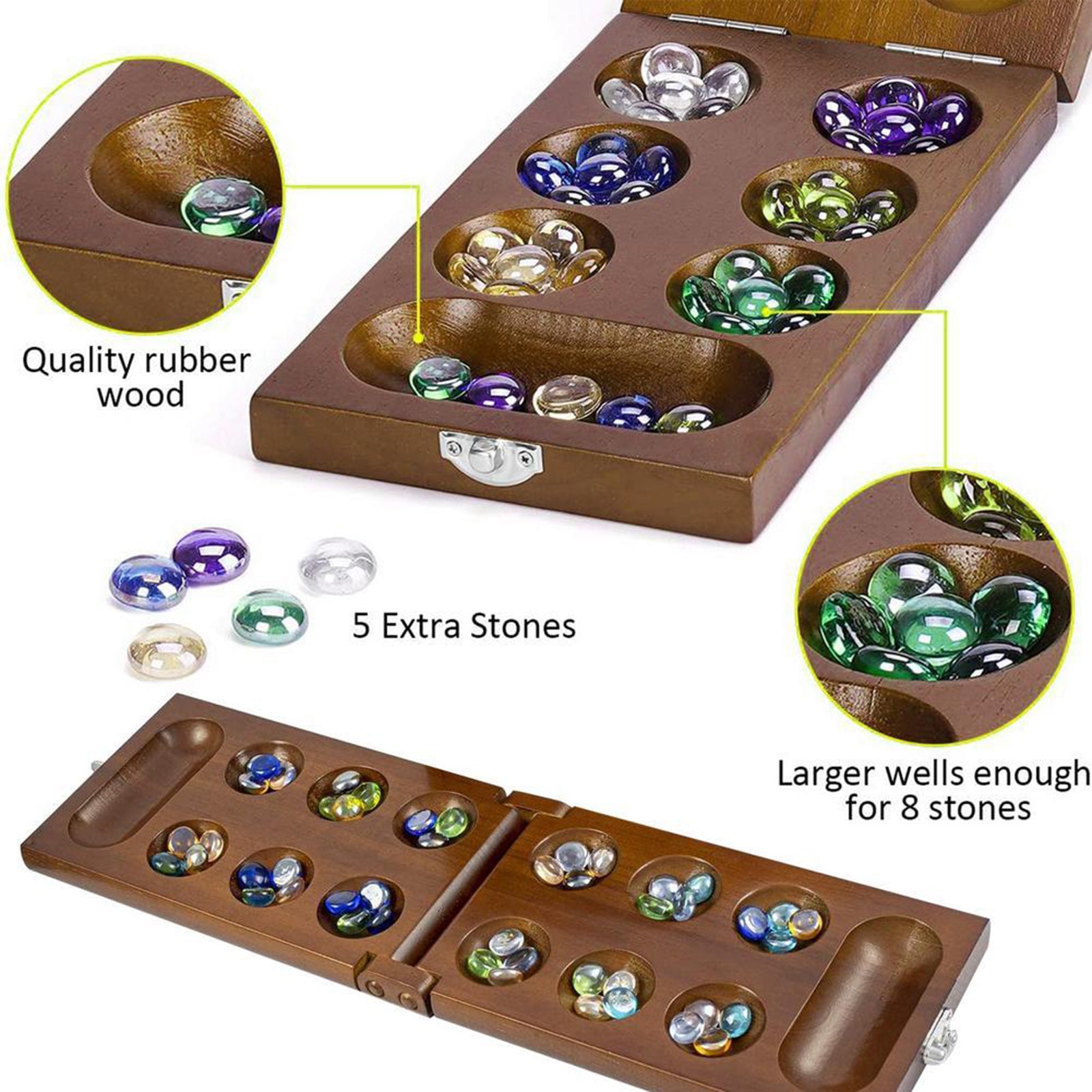 Mancala Strategy Game Wood Folding Board Stones for Adult Children Boys Girl