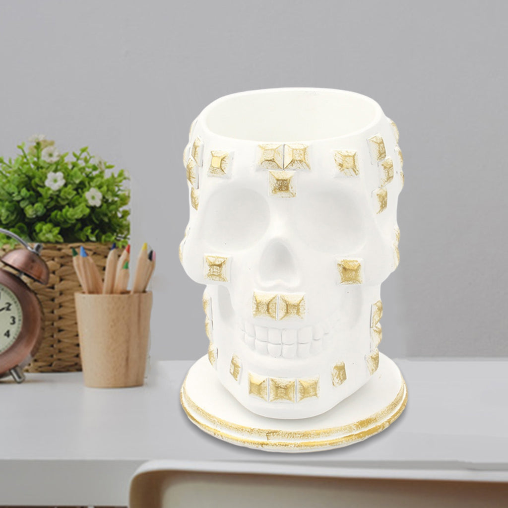 Rotatable Skull Pen Holder Office Desktop Decor Stationery Organizer White