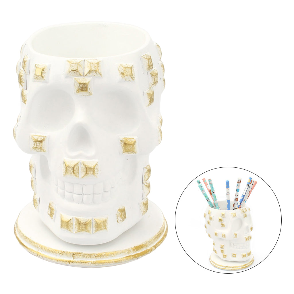 Rotatable Skull Pen Holder Office Desktop Decor Stationery Organizer White