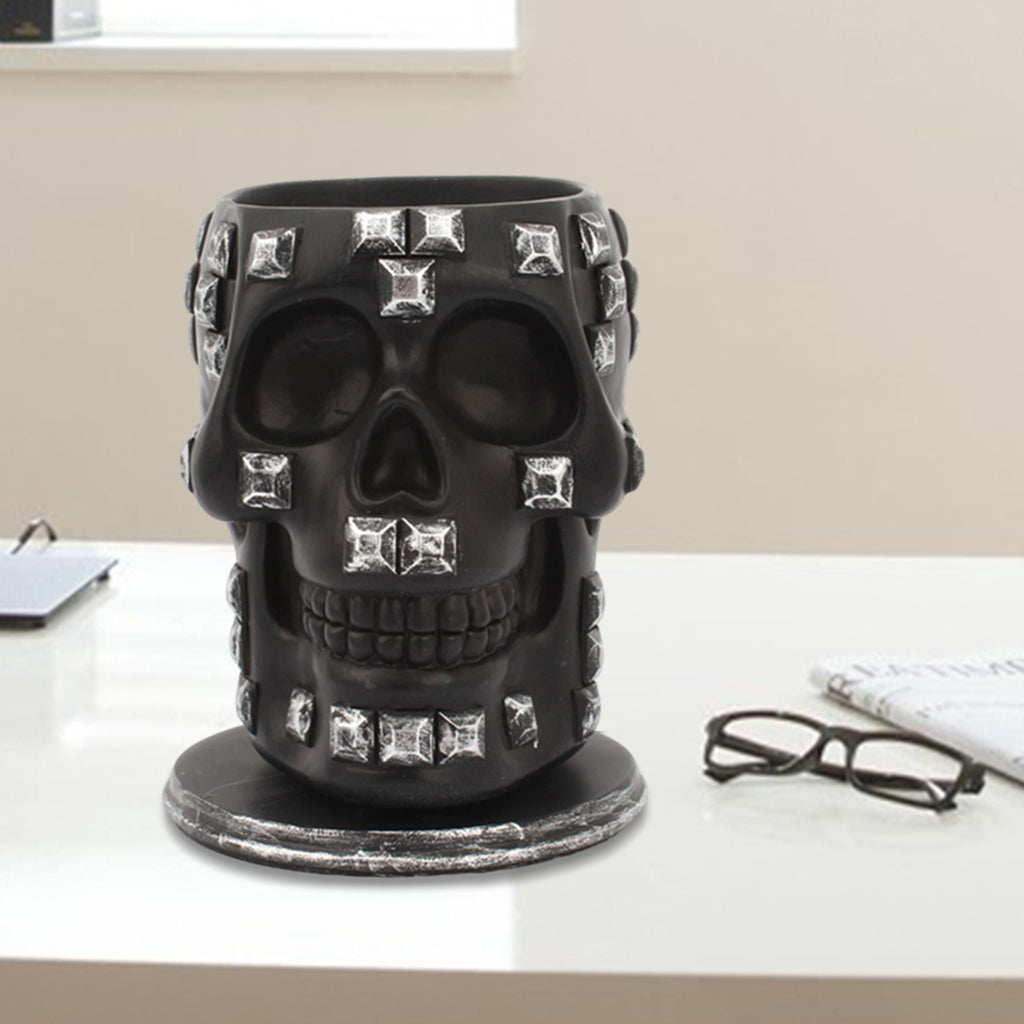 Rotatable Skull Pen Holder Office Desktop Decor Stationery Organizer Black