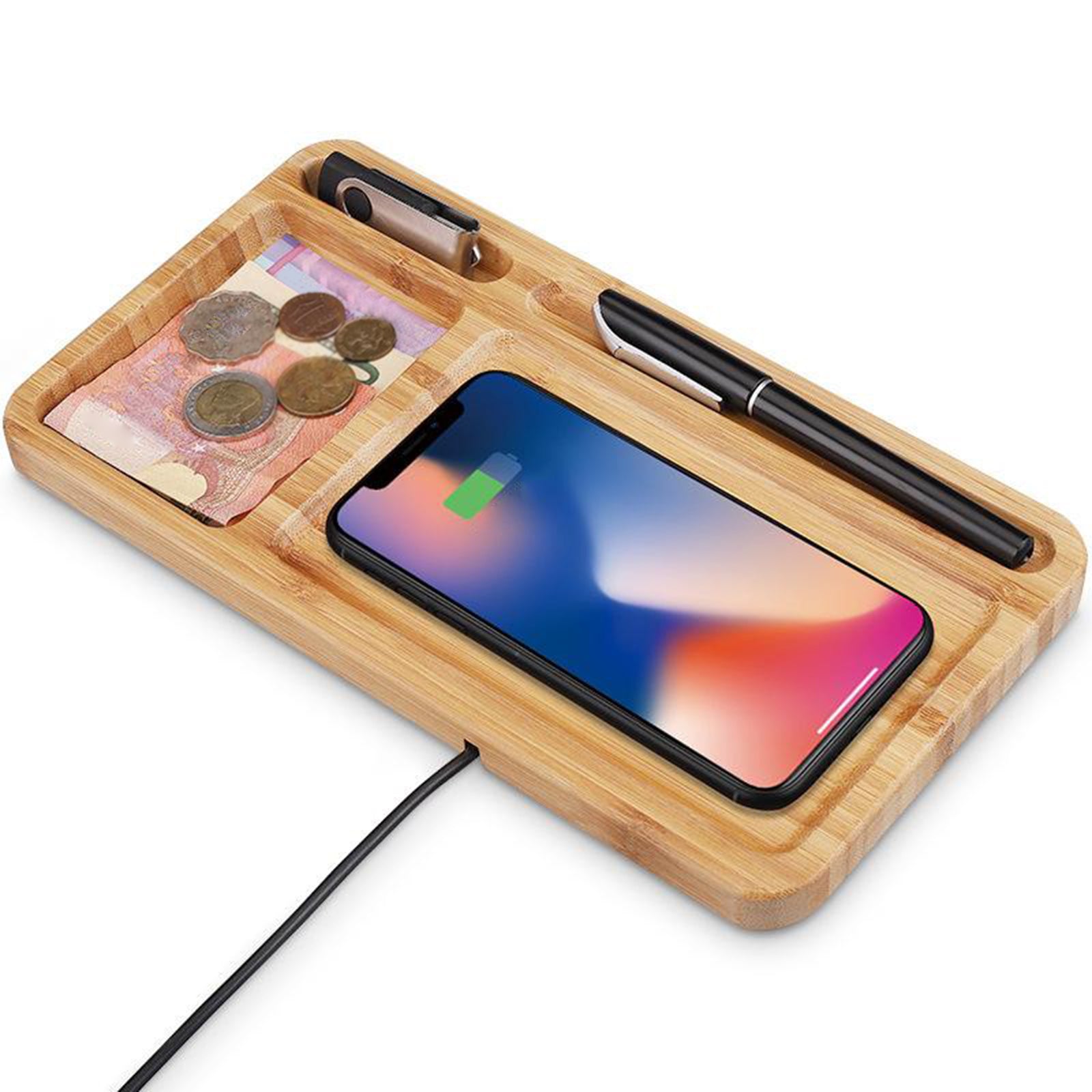 2 in 1 Bamboo Wood Wireless Charger Charging Mat Desk Organizer Storage Tray