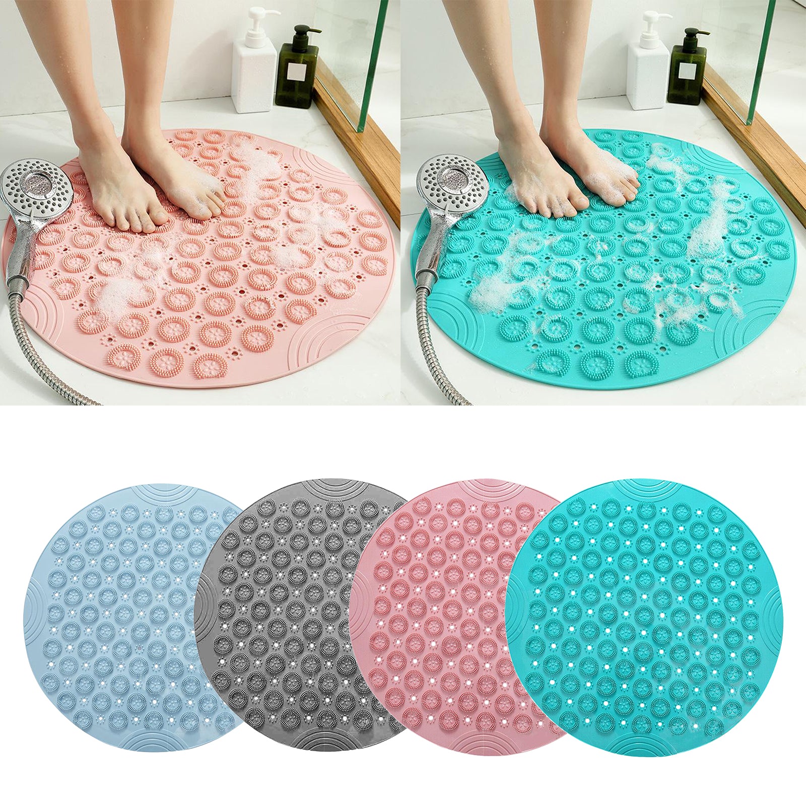 Round Bathroom Shower Mat with Drain Holes Foot Scrubber Massage Bath Mat Sky Blue