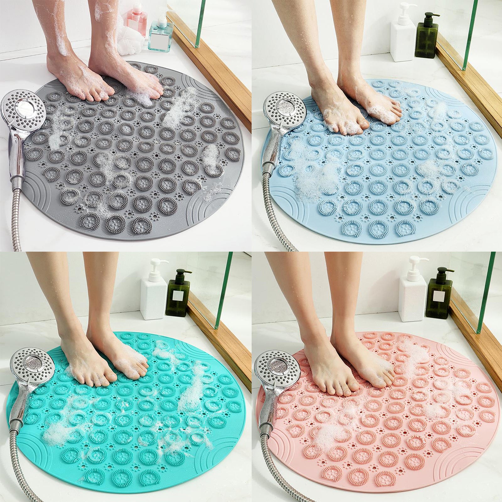 Round Bathroom Shower Mat with Drain Holes Foot Scrubber Massage Bath Mat Sky Blue