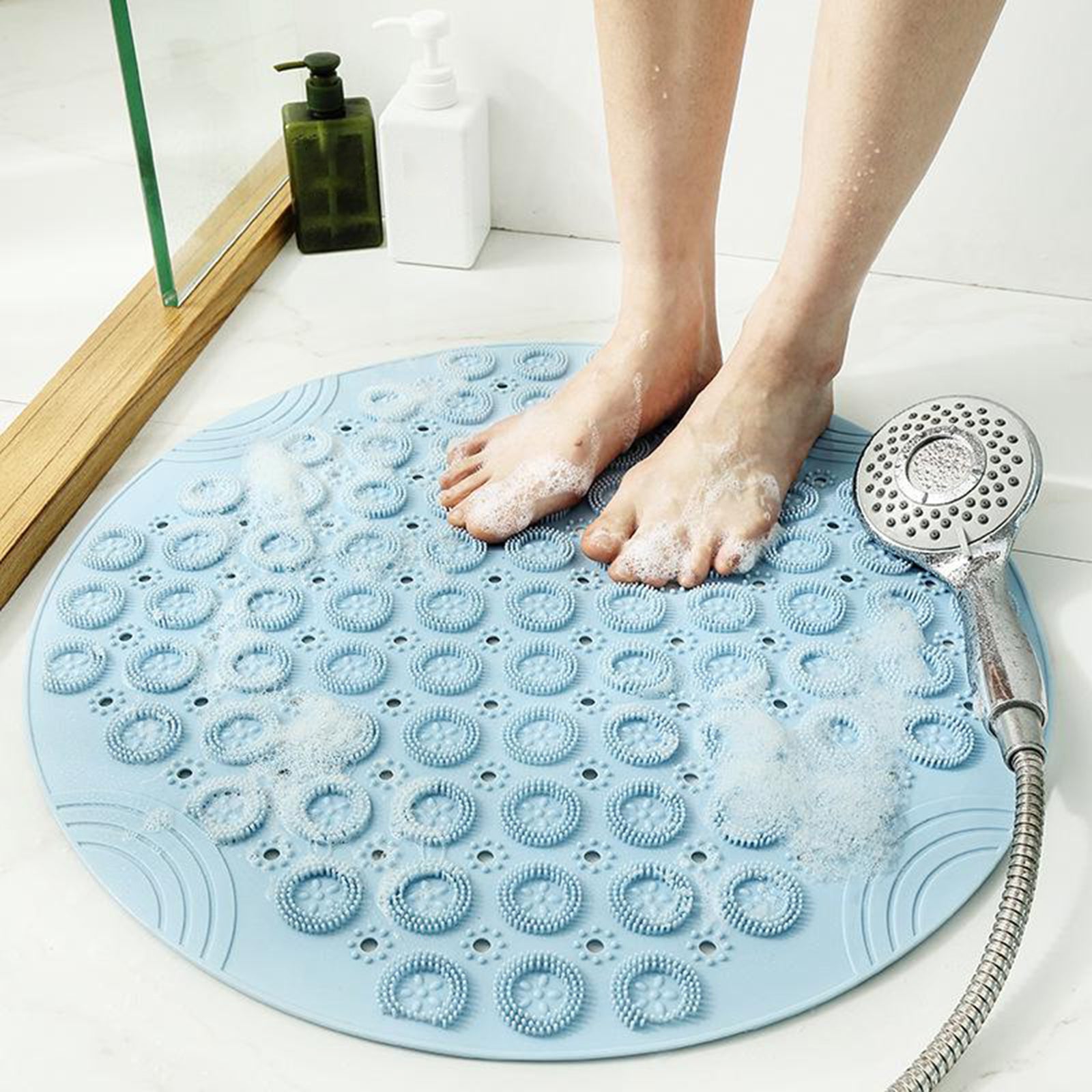 Round Bathroom Shower Mat with Drain Holes Foot Scrubber Massage Bath Mat Sky Blue