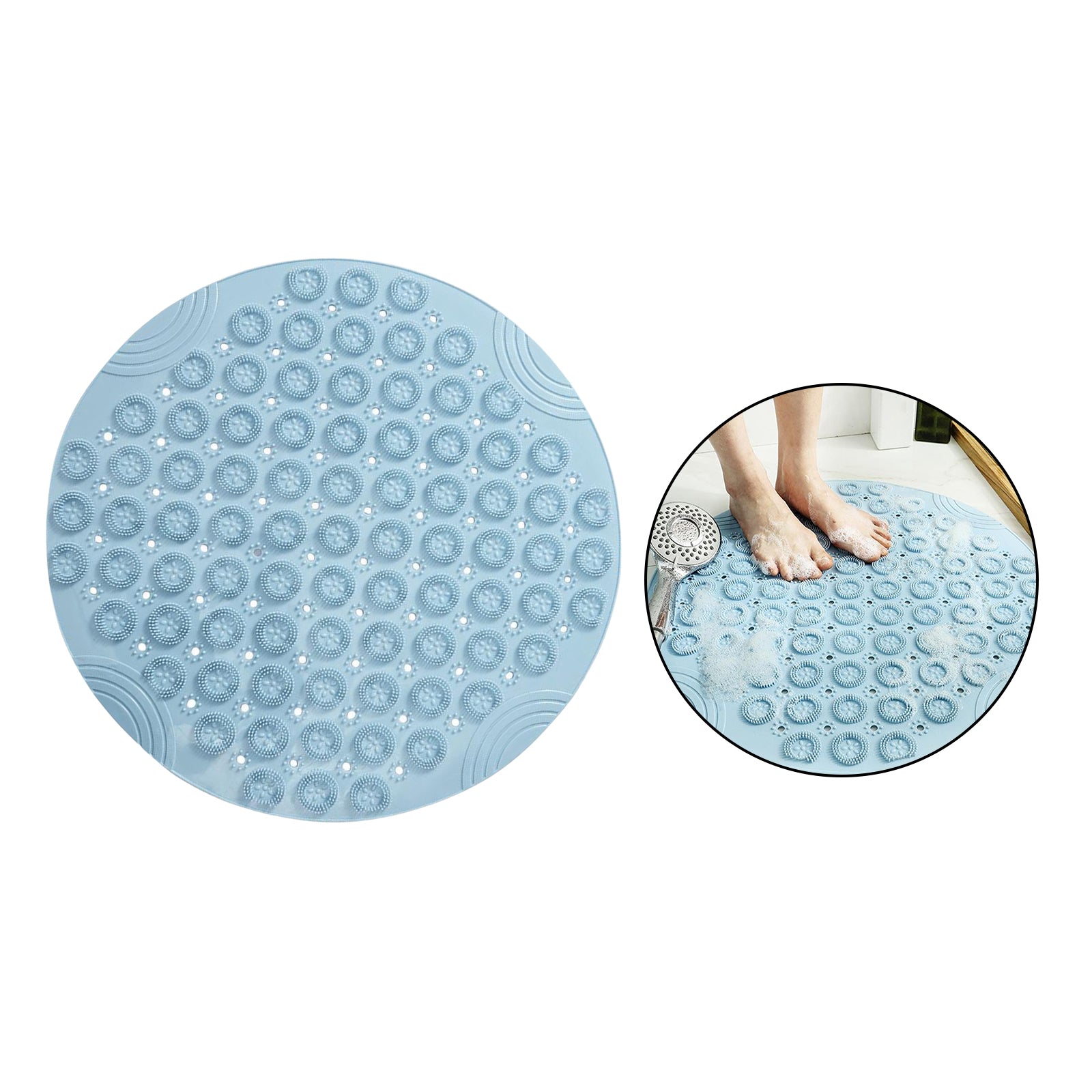 Round Bathroom Shower Mat with Drain Holes Foot Scrubber Massage Bath Mat Sky Blue