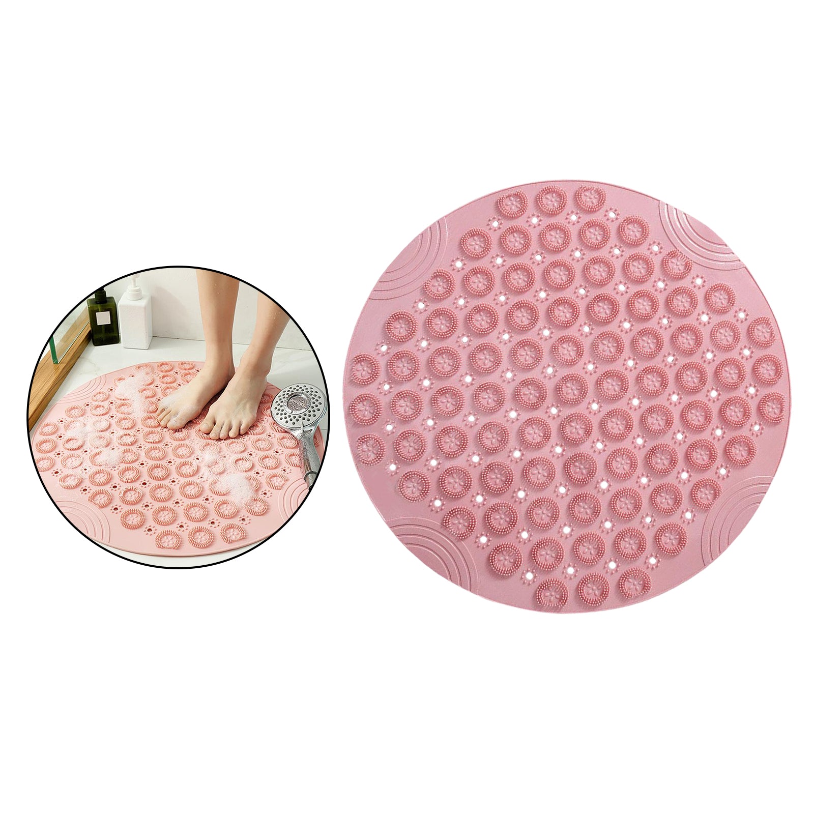 Round Bathroom Shower Mat with Drain Holes Foot Scrubber Massage Bath Mat Pink