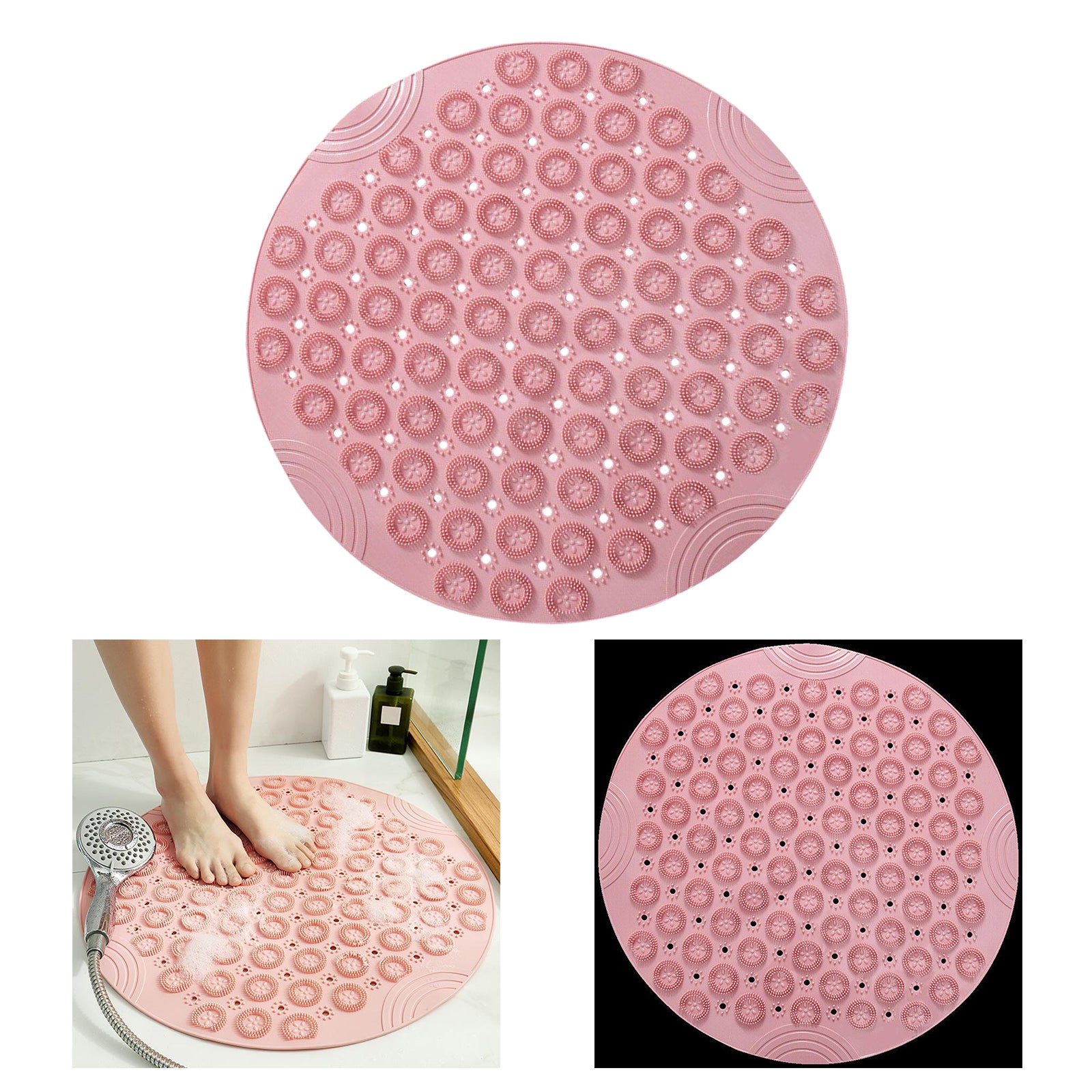 Round Bathroom Shower Mat with Drain Holes Foot Scrubber Massage Bath Mat Pink