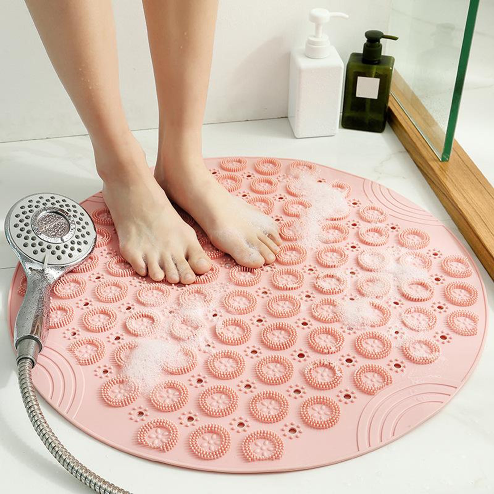 Round Bathroom Shower Mat with Drain Holes Foot Scrubber Massage Bath Mat Pink