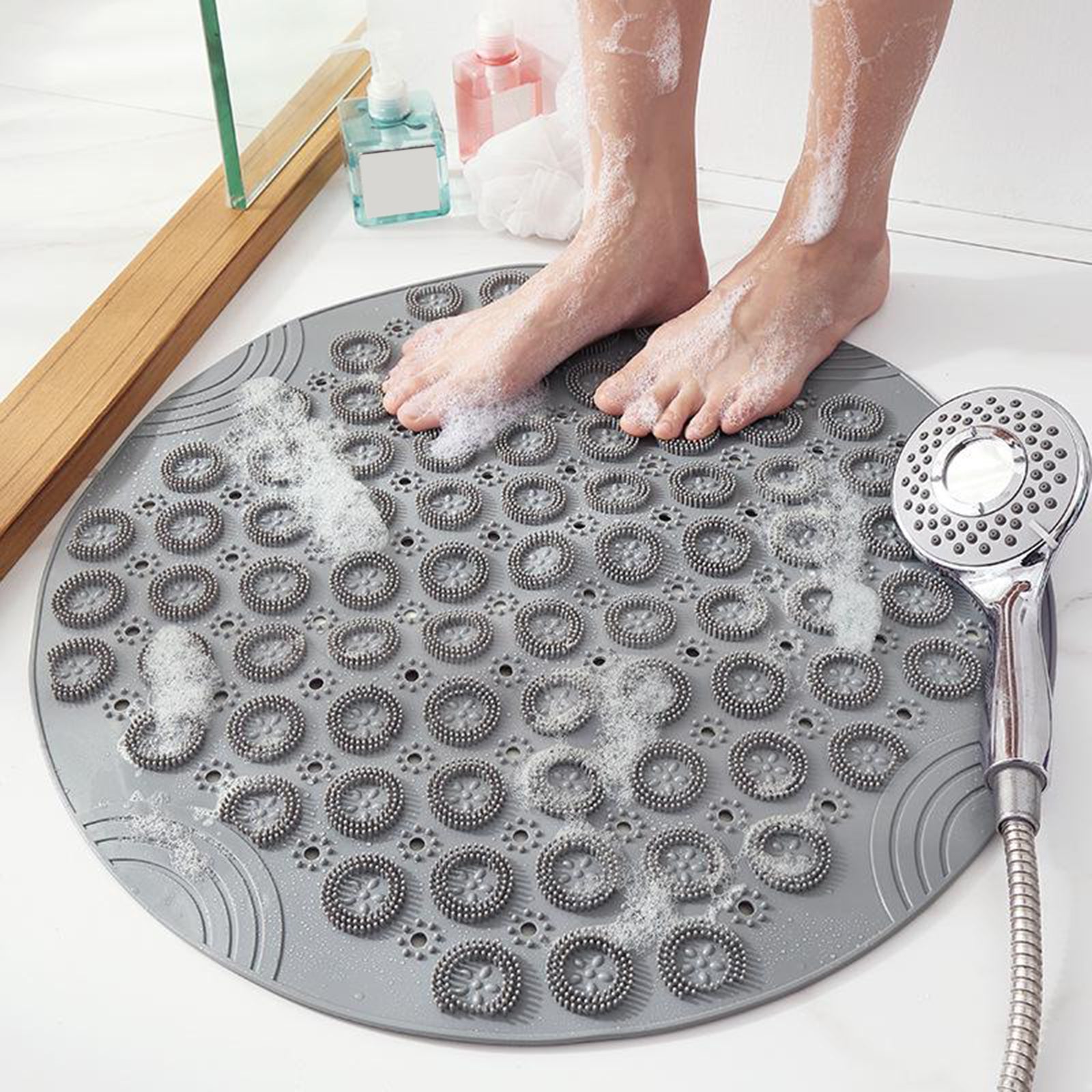 Round Bathroom Shower Mat with Drain Holes Foot Scrubber Massage Bath Mat Gray