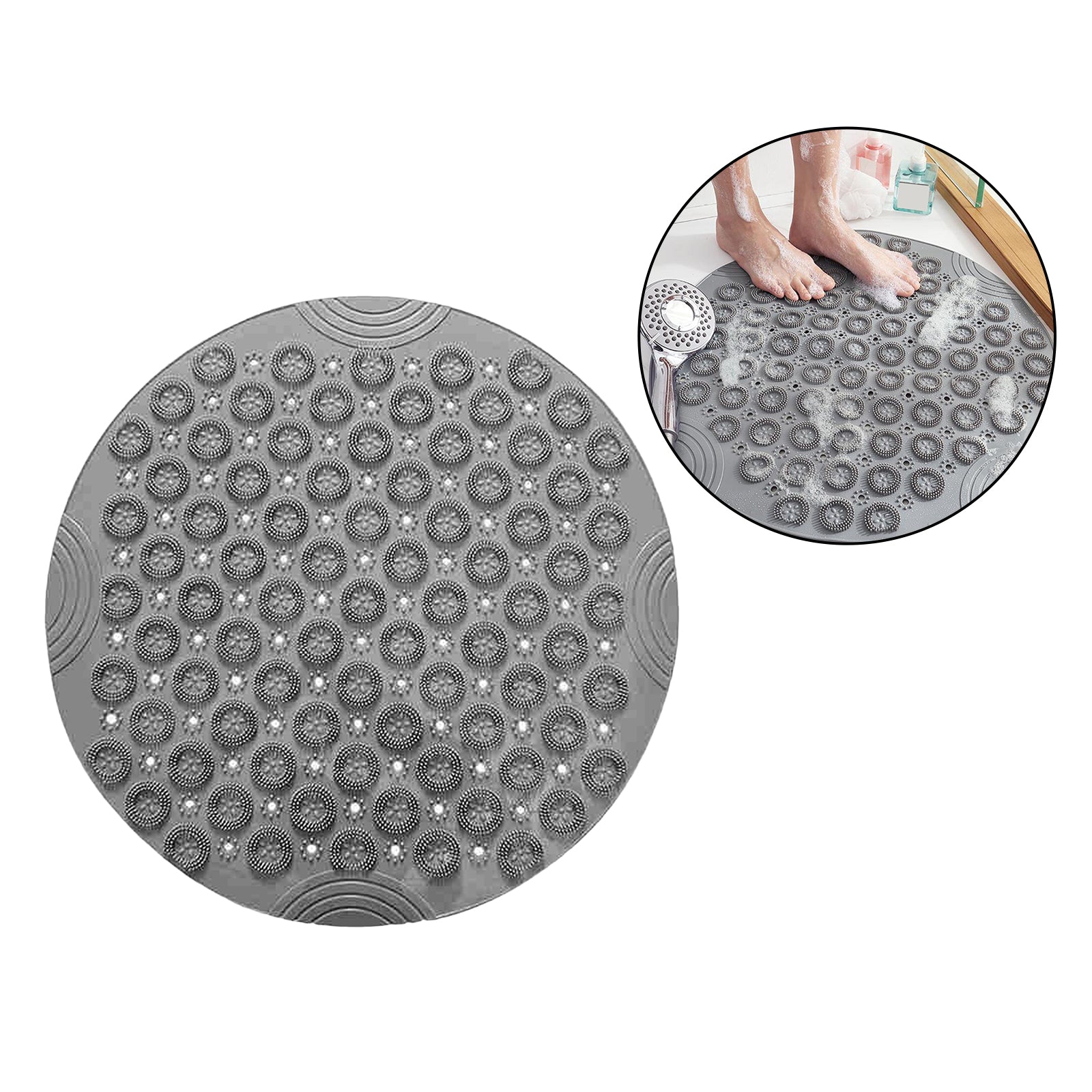 Round Bathroom Shower Mat with Drain Holes Foot Scrubber Massage Bath Mat Gray